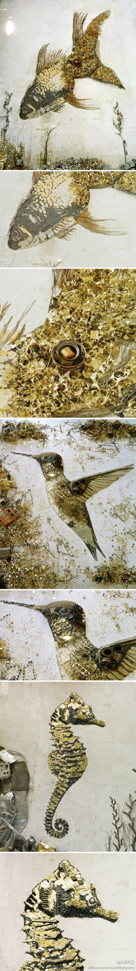 【艺术】巴西艺术家 Vik Muniz 利用废弃金属创作的装饰艺术，金鱼、蜂鸟和海马等图案，栩栩如生，金光灿灿，仿佛衣服上做工精致的高级刺绣。 #装置艺术# #旧物改造#