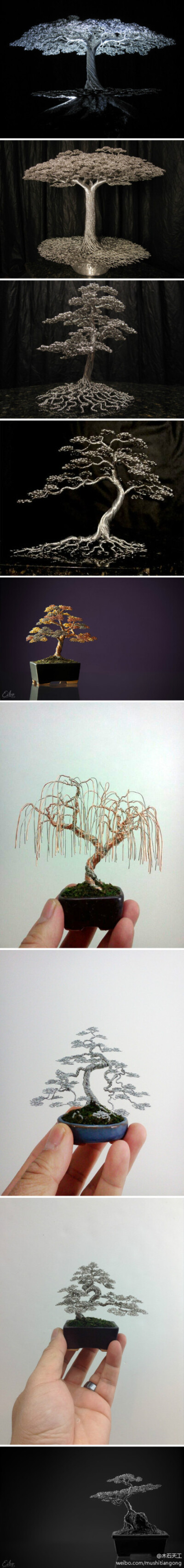 【艺术】Wire Trees —— 这些作品来自于两位艺术家 Kevin Iris 与 Ken To，他们都用金属线制作盆栽。 Kevin Iris 的作品多为大件，而 Ken To 只做小件，一者恢宏大气，一者小巧可人。#盆景# #金属# via：http://zha…