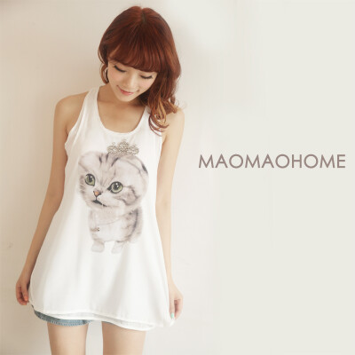 MAOMAOHOME日系甜美立体皇冠钉珠装饰超萌小猫咪双层雪纺背心