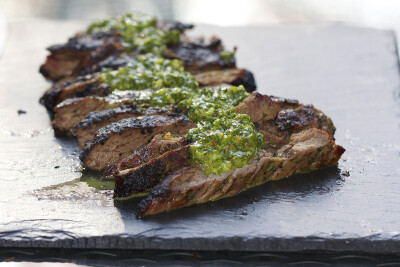 Grilled Skirt Steak with Chimichurri Sauce - Panning the Globe (Meat Salt Red pepper flakes Extra virgin olive oil Garlic Black pepper White vinegar Skirt steak Dried oregano Flat leaf parsley)