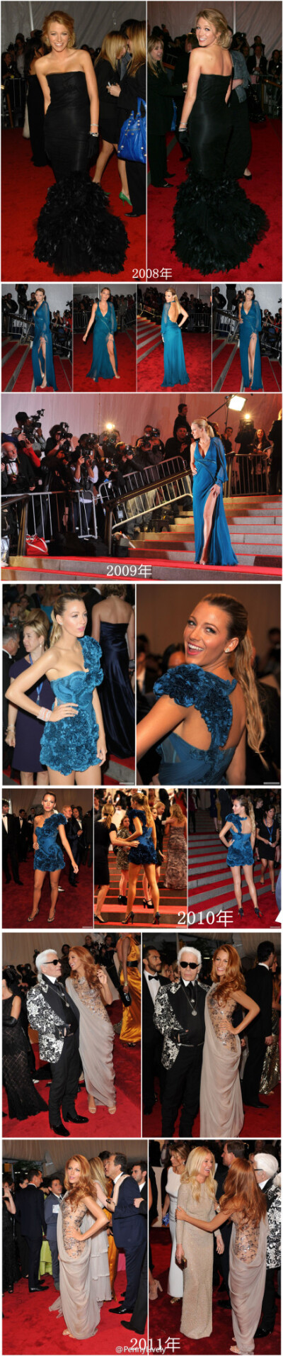 2008年——2011年的MET GALA ♪(´ε｀) 我最喜欢的是2010年的Marchesa p.s. 2012年她原本也打算出席的，裙子都准备好了，但是突然改计划去了温哥华，原来用来出席Met Gala的裙子便只好留在Savages首映才穿，就是那条…