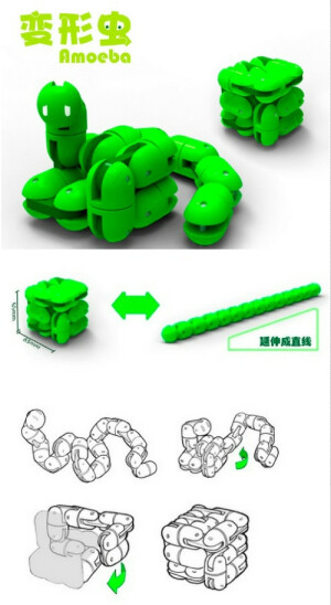 变形虫是一款灵感源于传统魔方的玩具，不同的是变形虫由若干个单元组成，每两部分之间的关节可以活动，因此可以超任意方向转动、扭曲。完全收起来可以变成一个立方体，完全展开可以拉成一条直线。可以充分发挥孩子的空间想象力更多：http://www.shejipi.com/