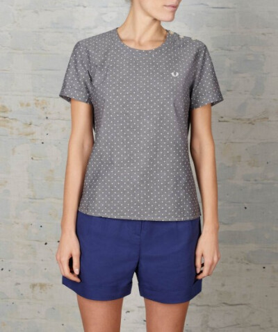 Woven Polka Dot T-Shirt £60.00 Woven t-shirt crafted in smooth cotton chambray, complemented by an all over polka dot print, classic crew neck and turn up cuffs. A three button placket on one shoulder…