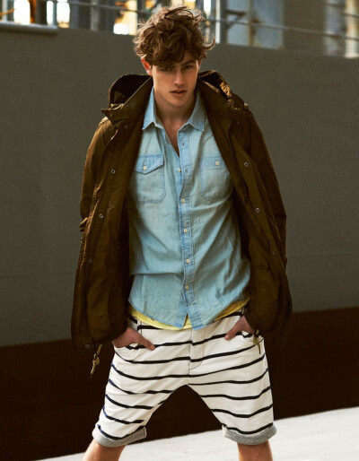 Denim shirt, striped bermuda.