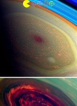 NASA “Cassini”探测器拍摄到的土星北极上的飓风景观，像是一朵正在盛开的玫瑰。该飓风的风眼直径达1250英里，比地球飓风风眼大20倍。横流风力达时速330英里，威力惊人。它太像地球上的飓风了，但是在土星，其规模更为巨大，实际上该飓风是由土星大气中的少量水蒸气形成。