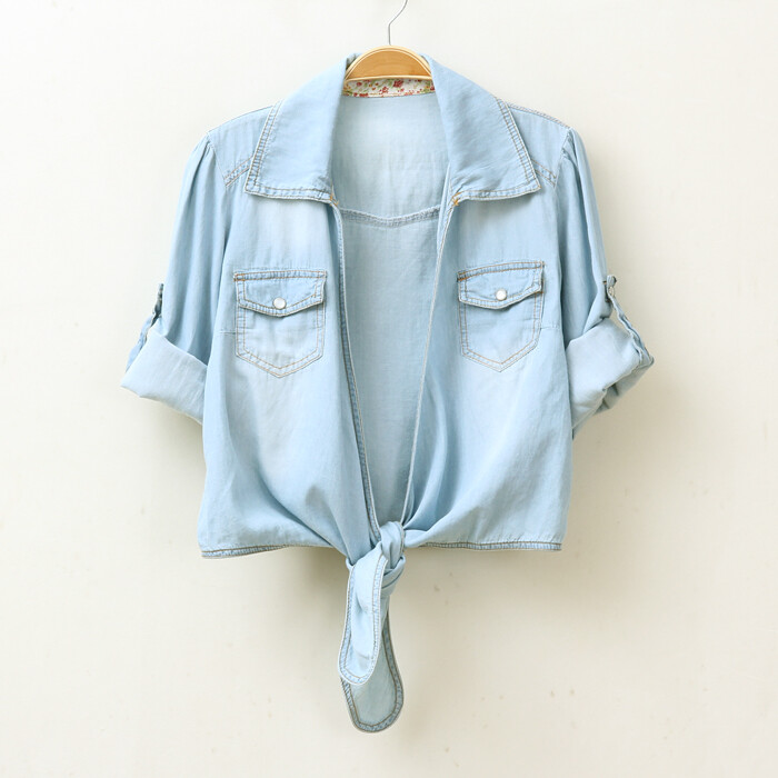 日系森女系复古打结系带牛仔衬衫衬衣