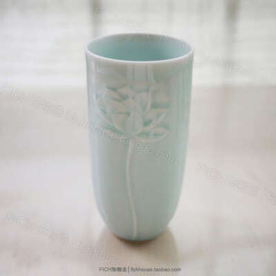 青釉刻莲花 杯子 大容量单杯 手制瓷器 日用生活