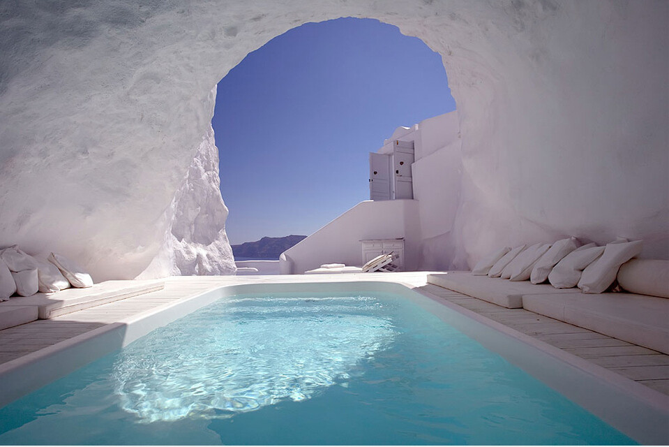 In this cave pool in Satorini, Greece.