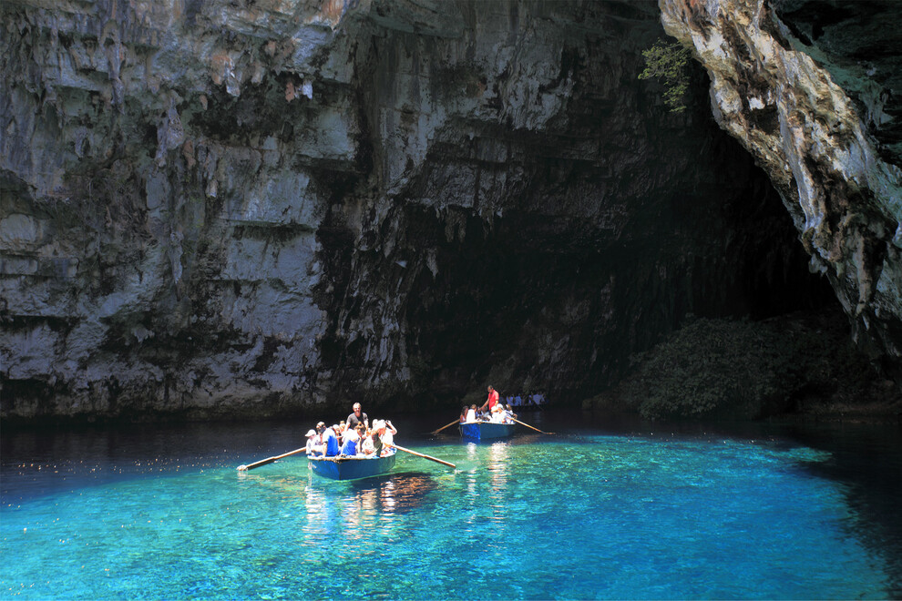 Rowing through a cave in Kefalonia, Greece.