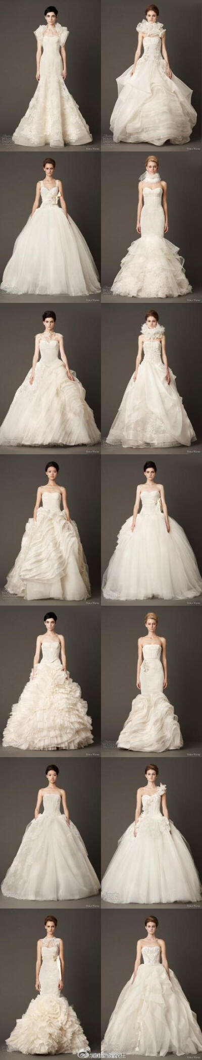 Vera Wang2013 这一季婚纱的主色为白色，不再只是简单的优雅，高贵，款式的结构设计上更带给新人和亲友们强烈的幸福感，轻薄硬纱做造型的下摆，呈云朵状。有的绣着蕾丝花卉，简洁而不失精致。仙气来袭，美翻了