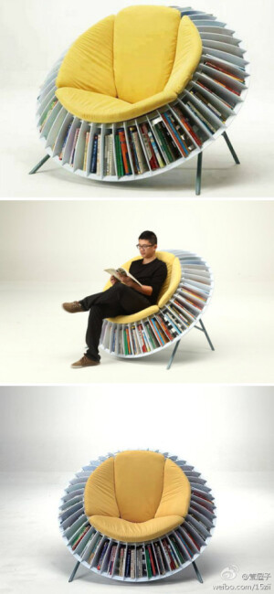 来自上海工程技术大学的何牧和张倩在第五届“为坐而设计”大奖赛中以这款绽放的“葵椅”获得了大赛设置的“红专厂设计奖”。葵椅利用灵巧的插接结构将书架与椅子用一个向日葵般的发散造型融合在一起，为人们的休闲和阅读提供了一个完整而紧凑的空间。书虫的最爱吧~~