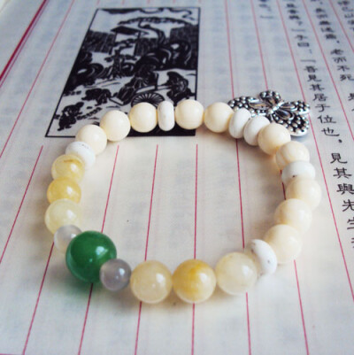 桃叶布原创手作*郁荫*天然松石老黄玉祖母绿老琉璃手链