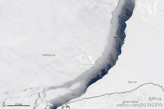 美国国家航空航天局地球观测站(NASA&#39;s Earth Observatory)今日公布了一组卫星照片，展示了北冰洋波弗特海冰盖上的一条大裂缝。