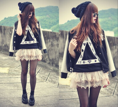 Choies Baseball Jacket, Room23 Triangle Tee, Sheinside Skirt