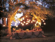 Candle lit jars hanging from the trees