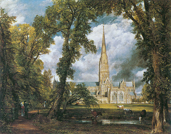 《从主教花园望见的索尔兹伯里大教堂》约翰·康斯太勃尔1823年~描绘