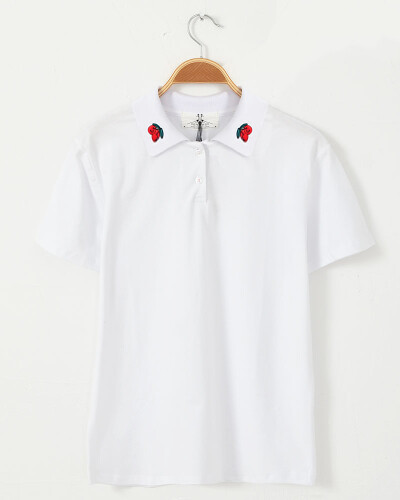 韩国夏季樱桃刺绣polo翻领简约百搭短袖T恤女装色入