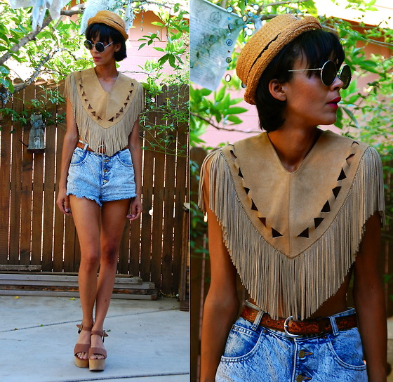 Vintage Suede Fringed Cutout Crop Top, Vintage High Waist Acid Wash Shorts, Vintage Straw Hat, H&M Round Sunnies