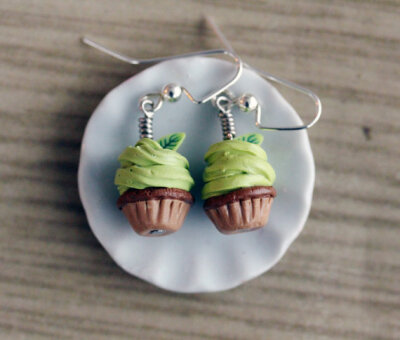 Green Tea Cupcake Dangling Earrings