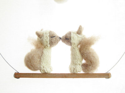 FINGER PUPPET MOBILE, Needle Felted Squirrelss, baby, children, kids, eco-friendly toy, nursery decor