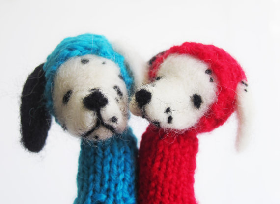 Felted DALMATIAN Dogs FINGER PUPPETS in a Vintage Shadow Box, Children Decor and Toy, Wall Hanging, Nursery Art, Red and Blue