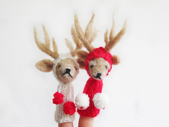 ON SALE Finger Puppet Mobile, Needle Felted Red White Reindeer Couple, nursery decor, toy, baby, children, eco friendly, christmas