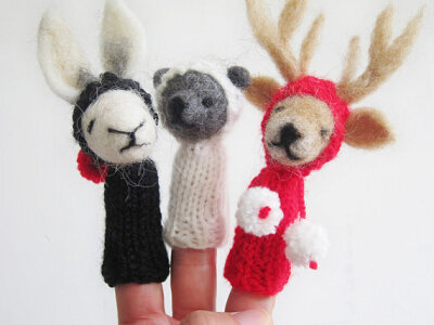 BABY MOBILE / Wall Hanging, Rabbit Bear & Reindeer Felted Wool Finger Fuppets in Black White and Red, Children's Soft and Nursery Decor