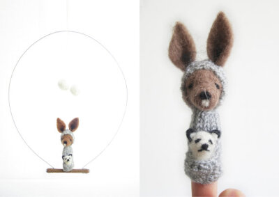 FINGER PUPPET MOBILE / Wall Hanging, Kangaroo Mom Panda Baby, Eco-Friendly Toy, home decor, children, baby, nursery, felted wool