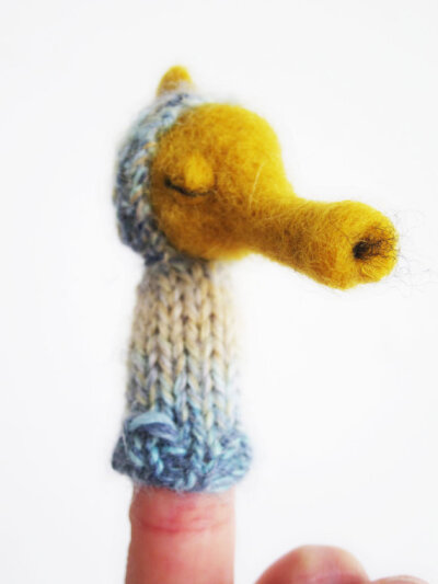 NEW Finger Puppet Soft Toy - SEA HORSE, needlefelted from wool and knitted with yarn, blue, yellow