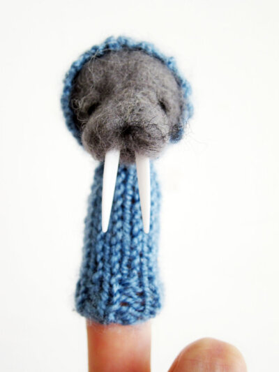 NEW Finger Puppet Soft Toy - WALRUS, needle crafted from wool and knitted with yarn, blue, grey
