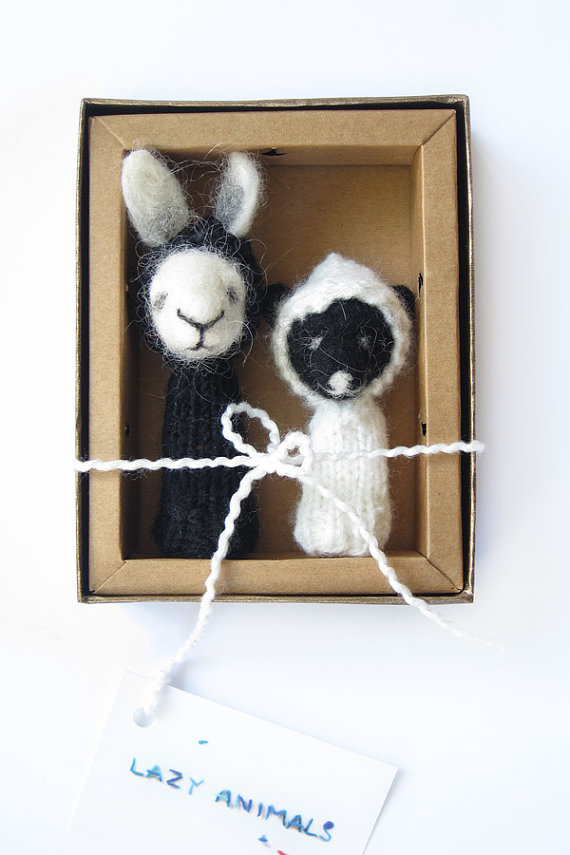 Black Bear & White Bunny Finger Puppets, needle felted, handmade, soft toy