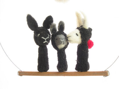 FINGER PUPPET MOBILE / Wall Hanging, Needle Felted Black and White Rabbit Family, Children's Room Decoration and Soft Eco Friendly Toy