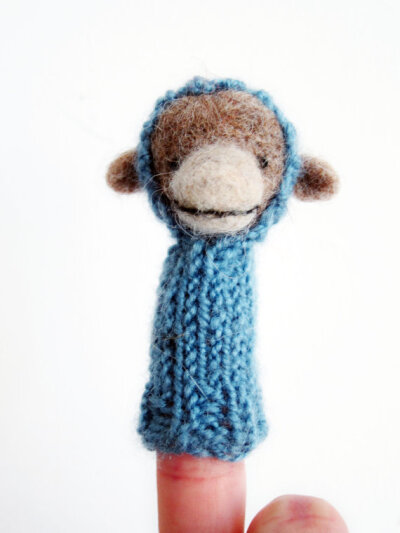 NEW Finger Puppet Soft Toy - MONKEY, needle felted from wool and knitted with yarn, blue, brown