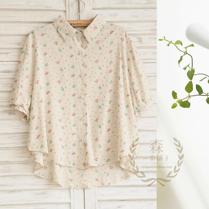 碎花轩，森林系森女蝙蝠袖碎花棉麻衬衫cz