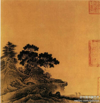 【 宋 贾师古《岩关古寺图》】夜幕将降，夕辉犹存，构图学马远“一角”式。山石皴法，杂用短钉头，长括铁、小斧劈皴法，由于夕照偏西，山体黝黑，石块画得岐蹭坚凝。山端耸有几棵罗汉青松和古杉，石骨披满劲硬的山草…