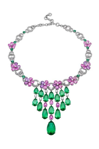 Bulgari High-jewellery necklace in white gold with 15 pear shape briolette-cut 94.83 carat mint tourmalines, 10 round-cut 5.13 carat tourmalines, 44 pear-shape 45.9 carat fancy sapphires, round brilli…