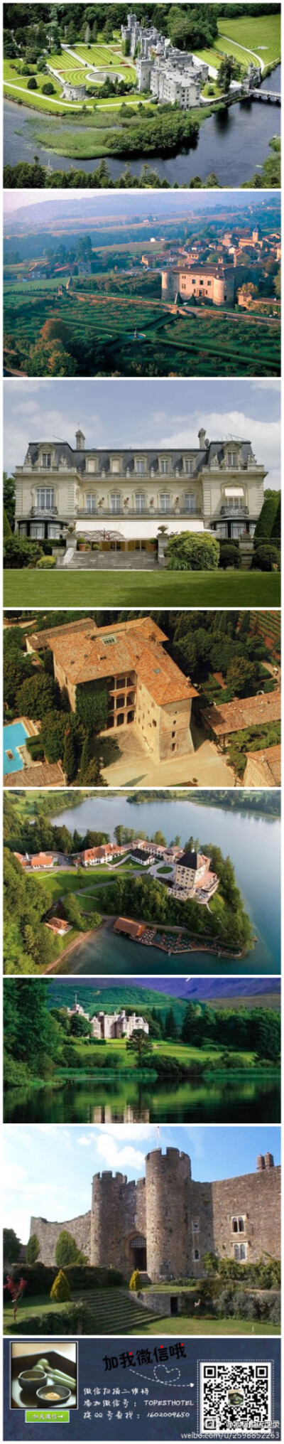 1）Château Bagnols, 法国；2）Ashford Castle, 爱尔兰;3)Château Les Crayères, 法国；4）Relais la Suvera, 意大利；5）Hotel Schloss Fuschl, 澳洲；6）Inverlochy Castle Hotel, 苏格兰；7）Amberley Castle, En…