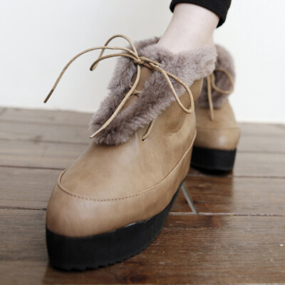 冬女鞋欧美系带羊毛松糕短靴坡跟异形跟厚底英伦高跟棉鞋