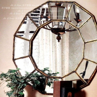 家具别墅样板房玄关客厅酒店装饰镜高档复古做旧多边型镜子预订