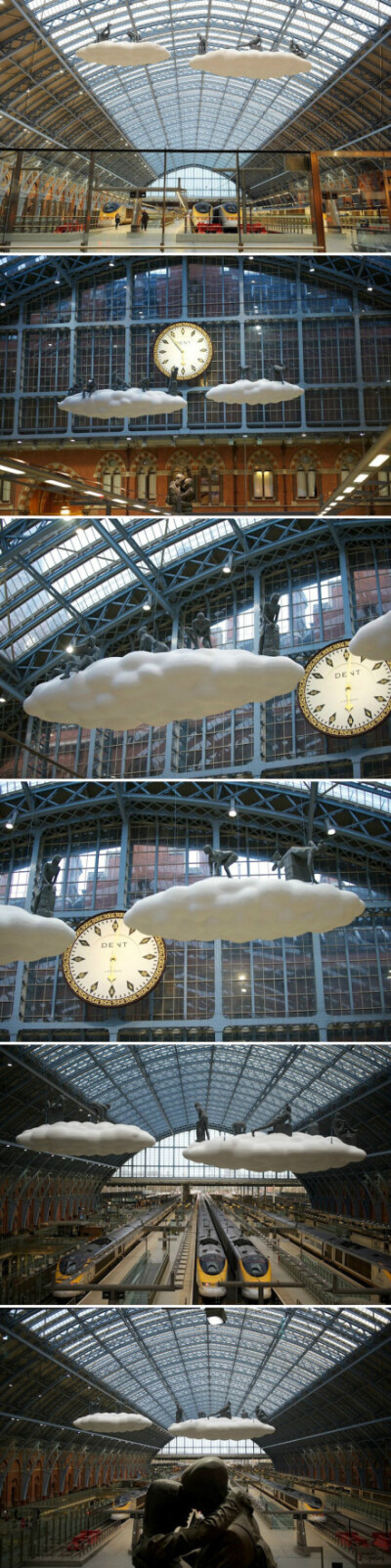 英国伦敦圣潘克勒斯（St Pancras）火车站玻璃顶上，悬挂着一件名为『Cloud I Meteoros』的装置作品，来自艺术家 Lucy Orta & Jorge 的作品。艺术家自述：“云彩是恒久代表现实与虚幻，天堂与人间的象征。”