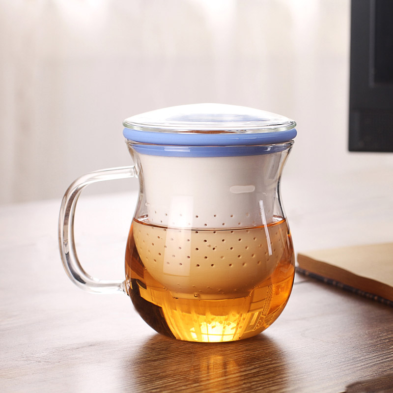 小北家蝴蝶杯三件式纯白陶瓷过滤内胆玻璃杯身茶杯带硅胶圈
