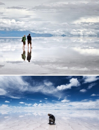 乌尤尼盐沼（Salar de Uyuni）位于玻利维亚西南部天空之镜的乌尤尼小镇附近，是世界最大的盐沼！多云的天气仿佛畅游在天空之中！