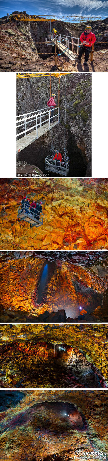 冰岛的新旅游项目，从Thrihnukagigur火山口坐吊车，下到120米深的火山内部，参观里面巨大的不知道什么的地质。。。每年夏季的6-9月开放