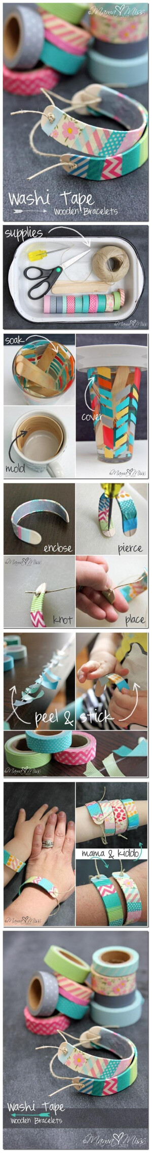 棒冰棍DIY胶带手链 冰棍棒放在水里等软化之后把它弯成圆形，然后粘上各种好看花纹的胶带纸，最后钻孔穿麻绳，手镯就完工了，是不是超级简单！  http://www.wowsai.com/zixun/11748-9-0.html