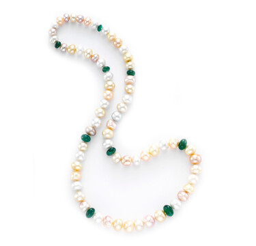 A South Sea Pearl and Emerald Bead Strand, by Taffiny