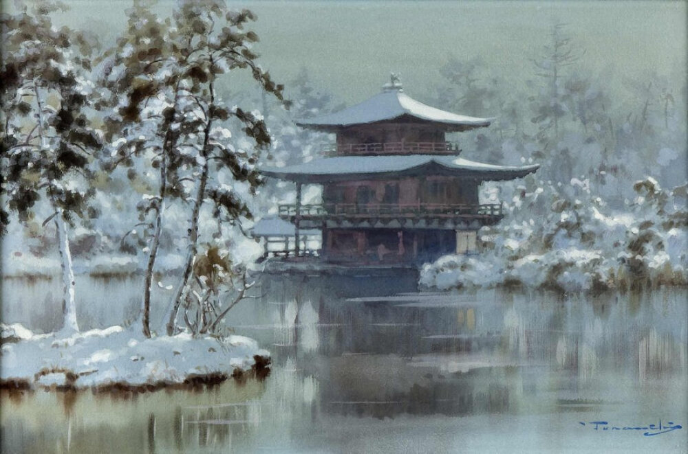 Shrine by a winter lake