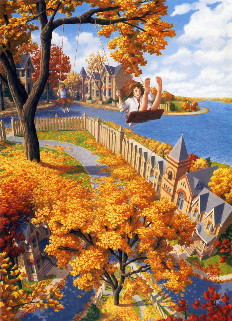 Rob Gonsalves 国外超现实主义画家 Swinging above the rooftops