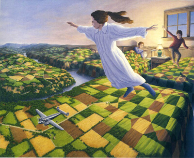 Rob Gonsalves 国外超现实主义画家 Flying from bedroom to countryside