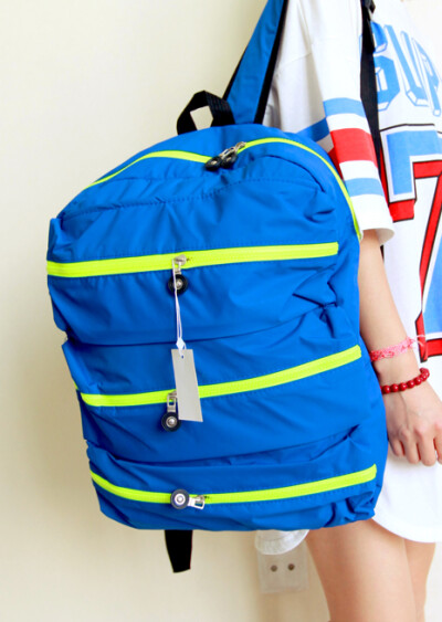 秘家简约潮款韩版多层拉链糖果色荧光色双肩包背包电脑包情侣