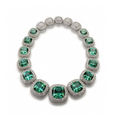  湖水蓝碧玺钻石项链 (Lagoon Tourmaline and Pavé Diamond Necklace) 镶13颗坐垫形蓝碧玺 (238克拉) 以及2,799颗GH/VS级别的美钻 (70克拉)。David Yurman家族专程由纽约远赴泰国搜罗这批产自南非的顶级蓝碧玺，Dav…